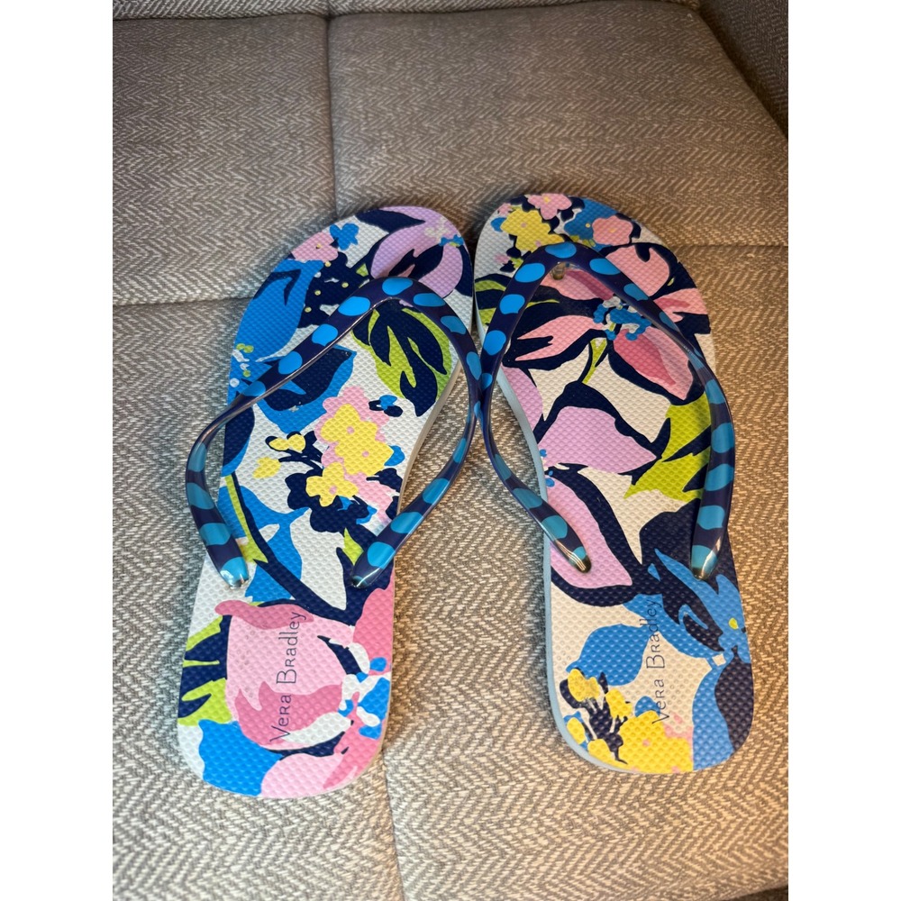 Vera Bradley Floral Polka Dot Flip Flop Sandals Blue Pink Yellow Womens M 7-8